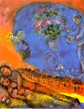 Pareja sobre fondo rojo contemporáneo Marc Chagall Pinturas al óleo